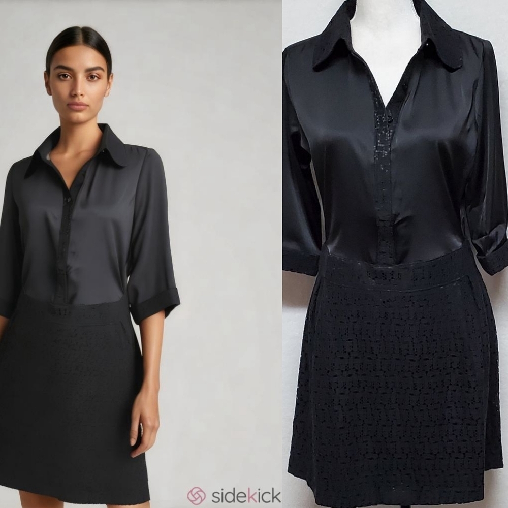 Spiegel Black Lace Drop Waist Quarter Sleeve Quarter Button A-line Midi Dress 6